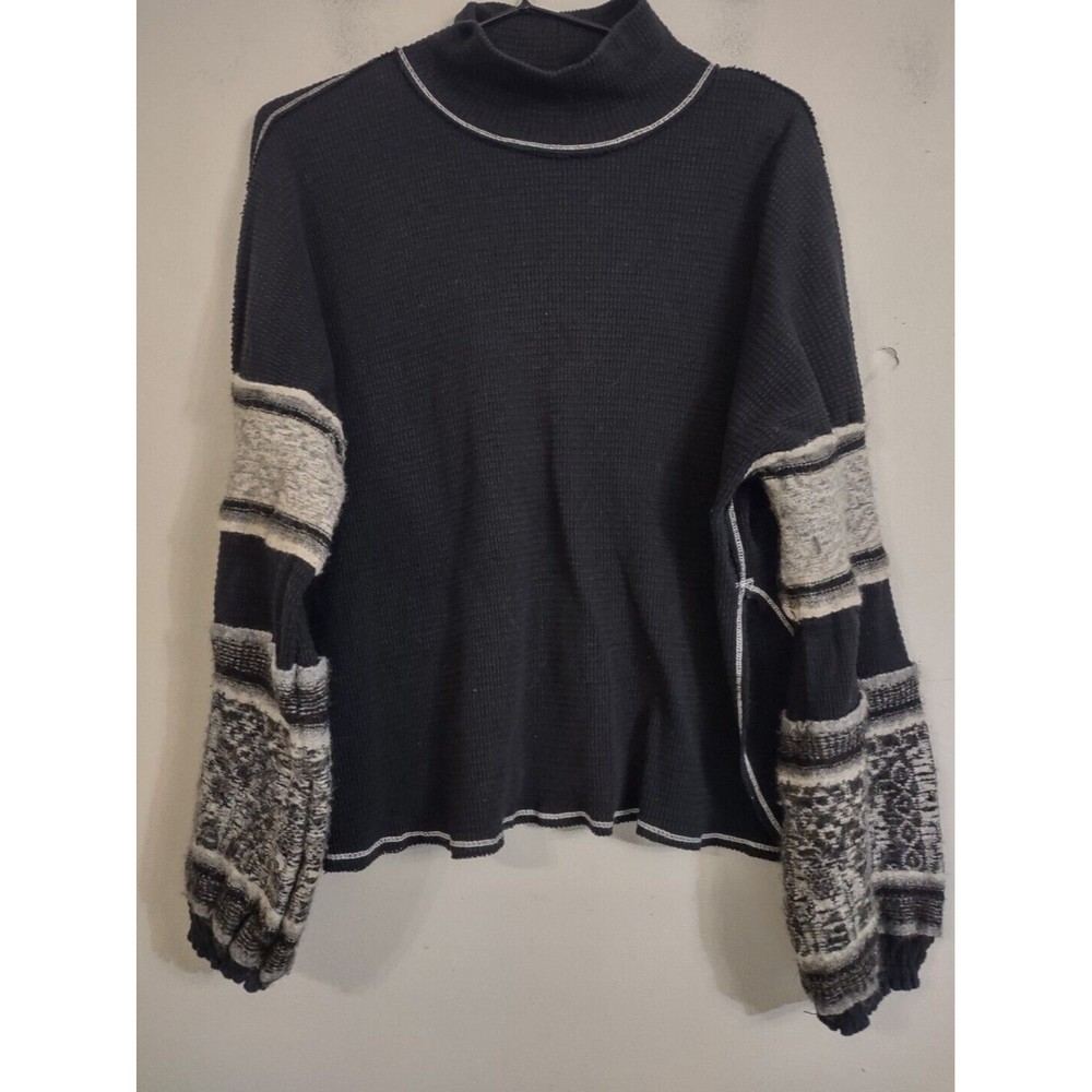 Free People North Lights Thermal Mock Sweater Waffle Knit Black Key Hole Sz Med